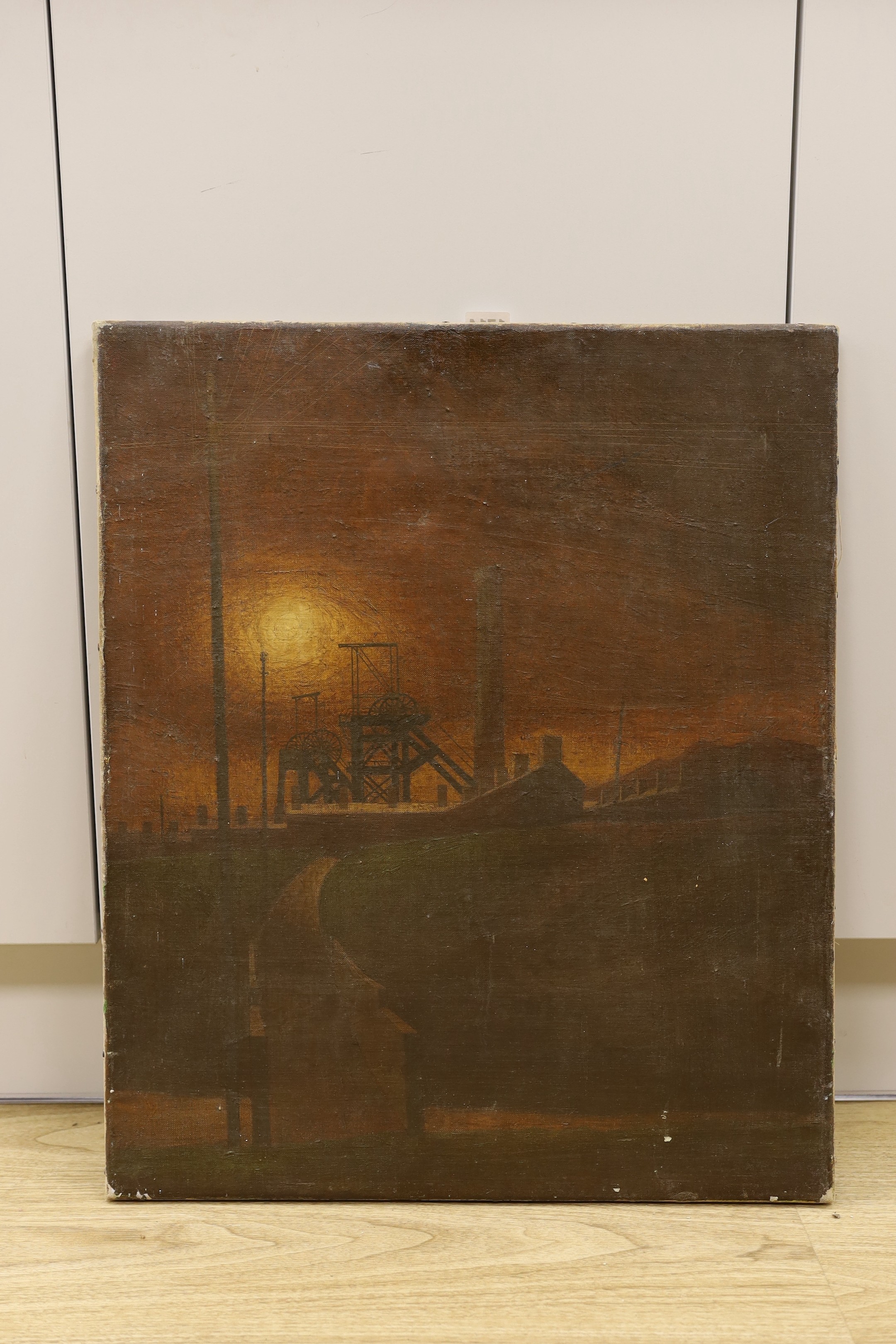 Modern British, oil on canvas, Colliery at sunset, a sketch of girders verso, 60 x 50cm, unframed, smoke damaged